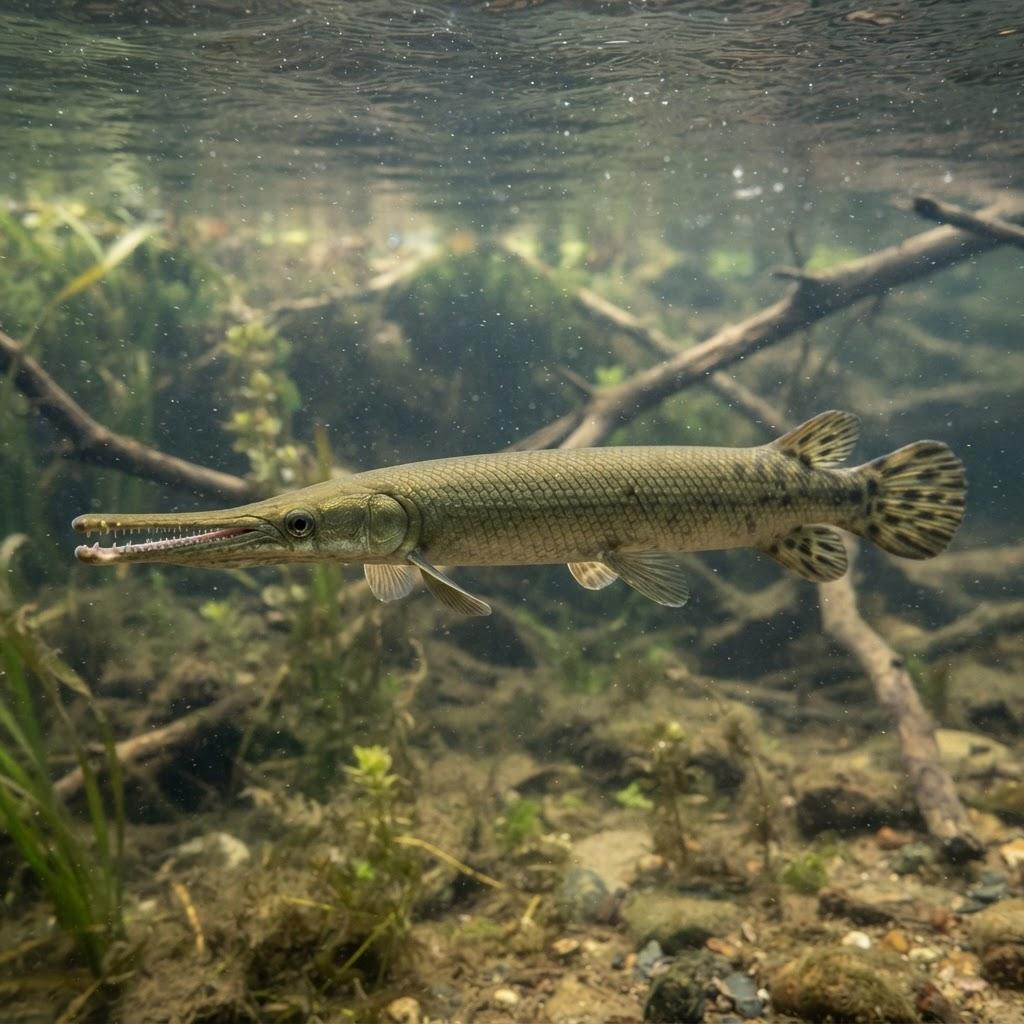 A Longnose Gar swimming underwater in side profile