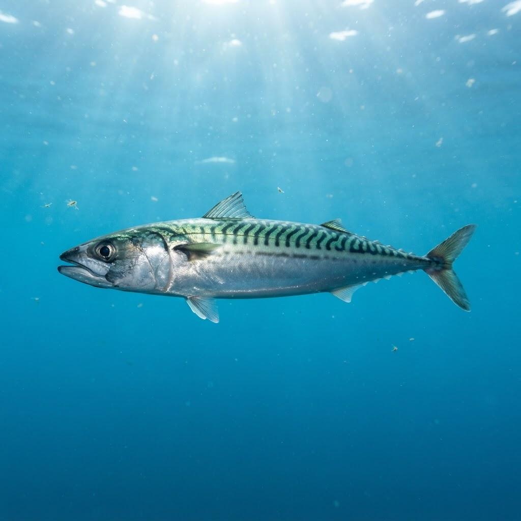 A Mackerel (Atlantic) swimming underwater in side profile