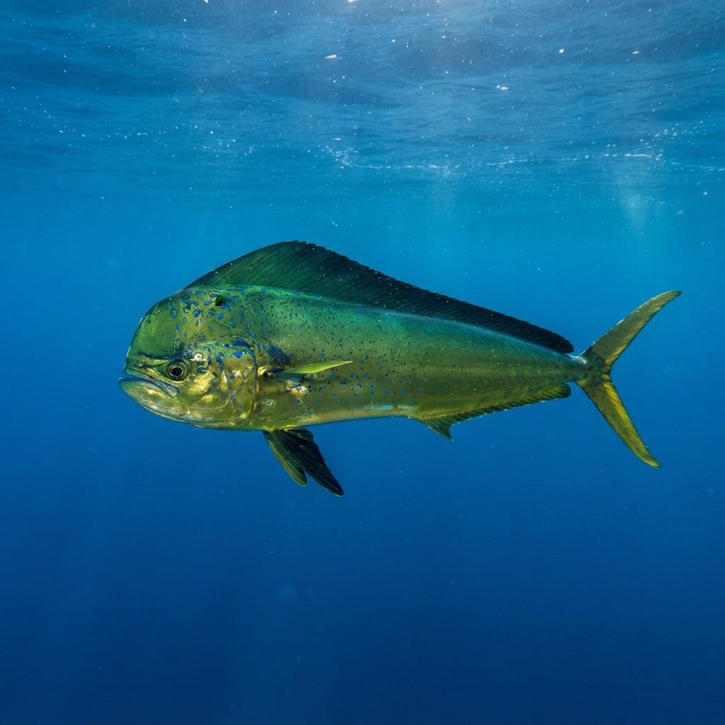 A Mahi Mahi (Dolphinfish) swimming underwater in side profile