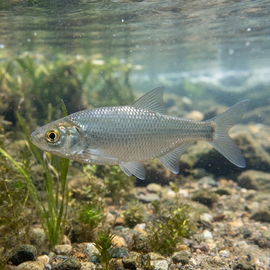A Mooneye swimming underwater in side profile