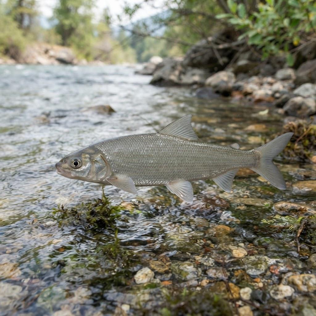A Mountain Whitefish swimming underwater in side profile