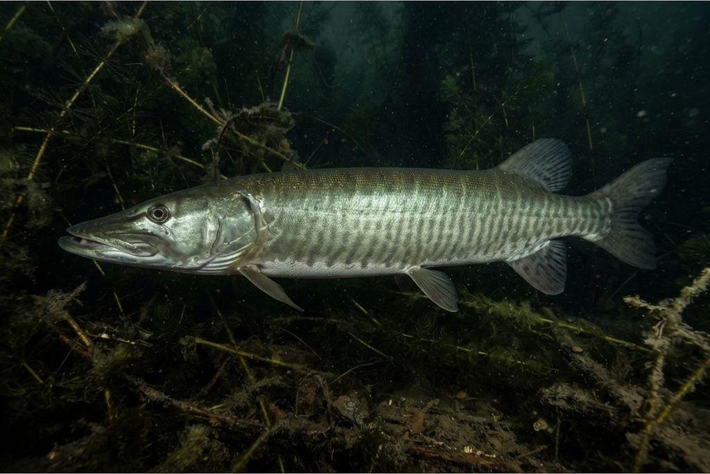 A Muskie (Muskellunge) swimming underwater in side profile