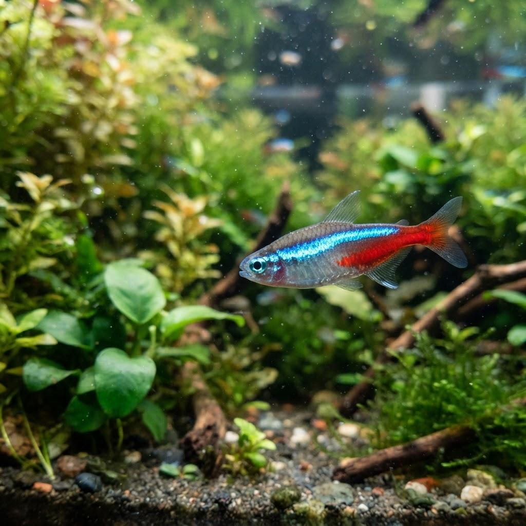 A Neon Tetra swimming underwater in side profile