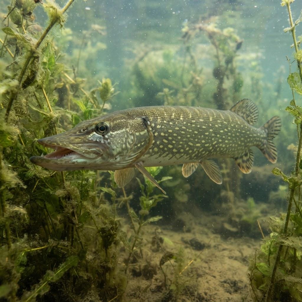 A Northern Pike swimming underwater in side profile