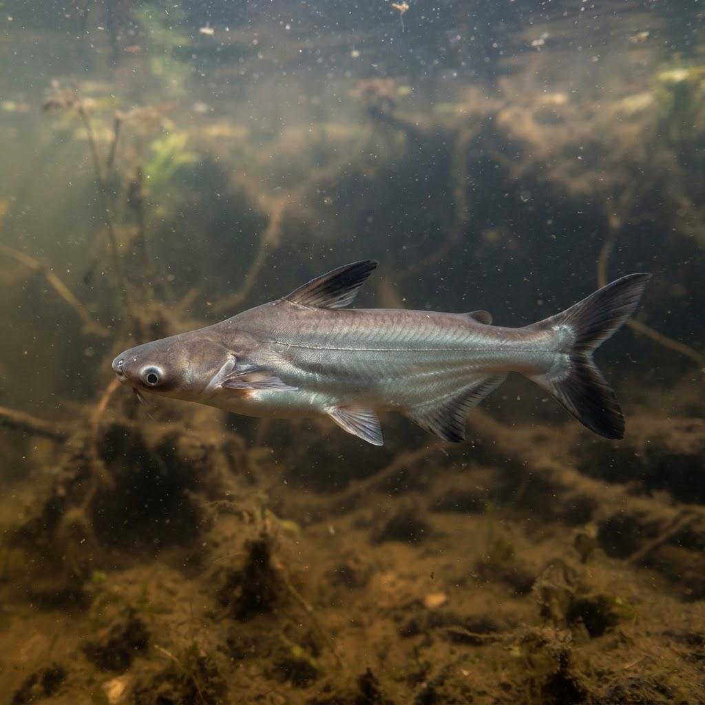 A Pangasius (Swai) swimming underwater in side profile
