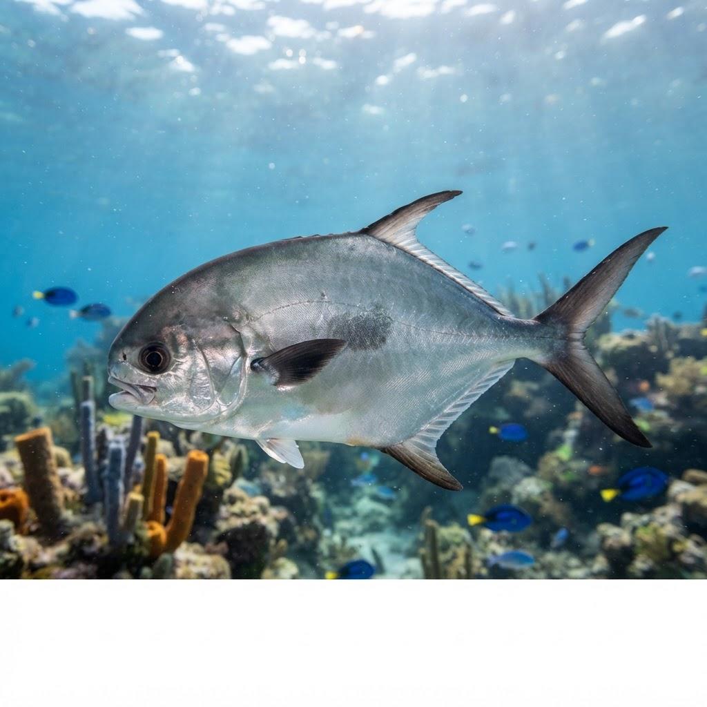 A Permit swimming underwater in side profile