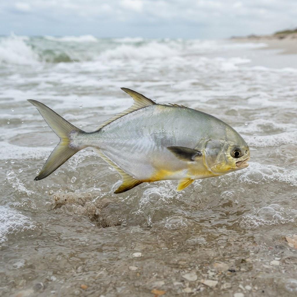 A Pompano (Florida Pompano) swimming underwater in side profile