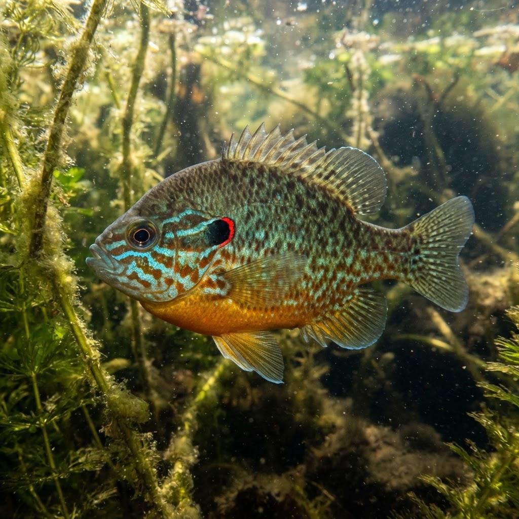 A Pumpkinseed Sunfish swimming underwater in side profile