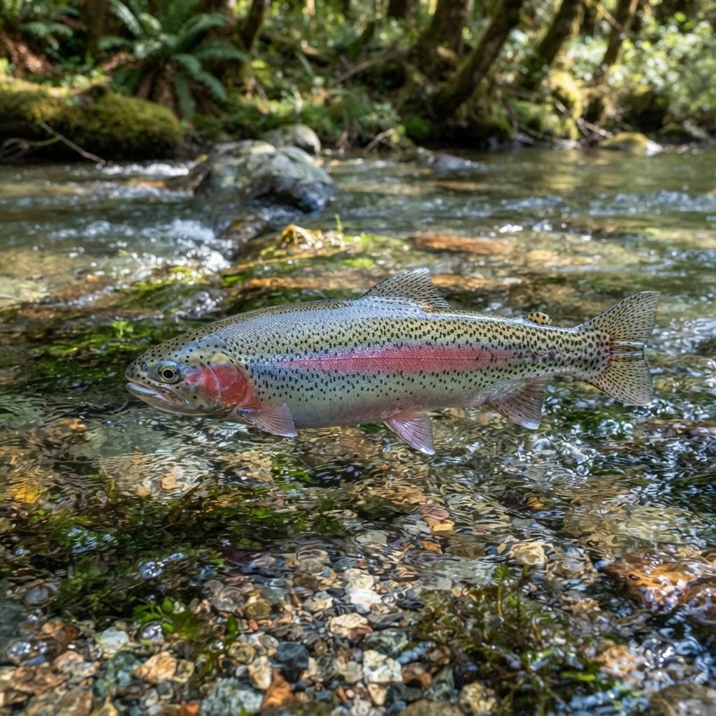 A Rainbow Trout swimming underwater in side profile