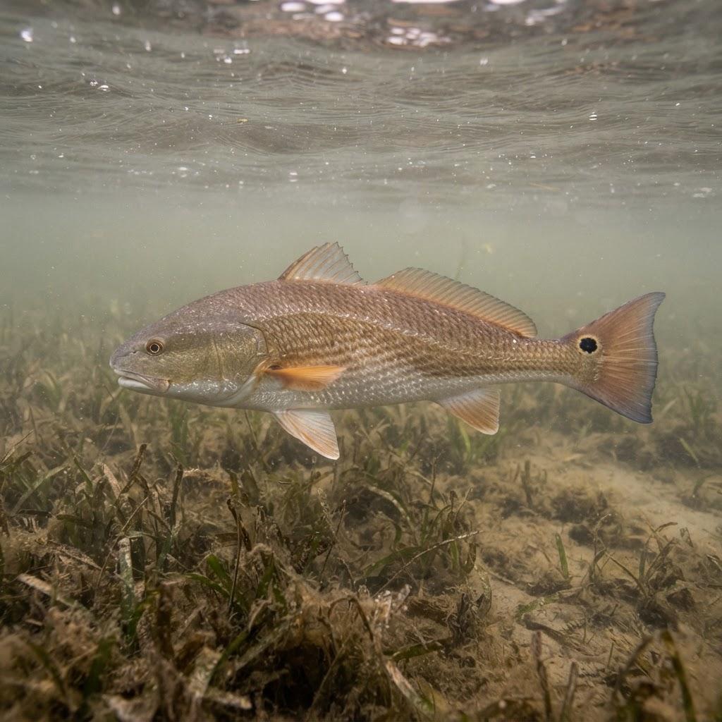 A Red Drum (Redfish) swimming underwater in side profile