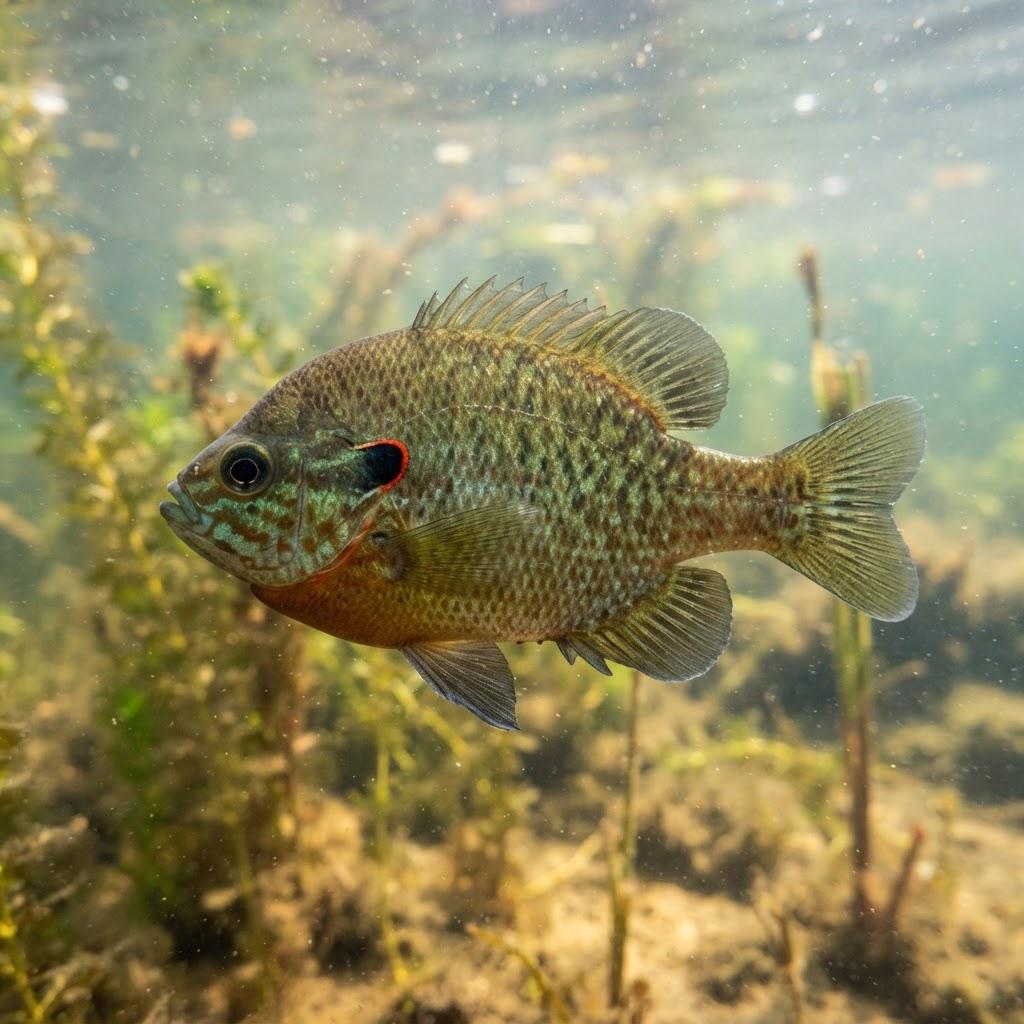A Redear Sunfish (Shellcracker) swimming underwater in side profile