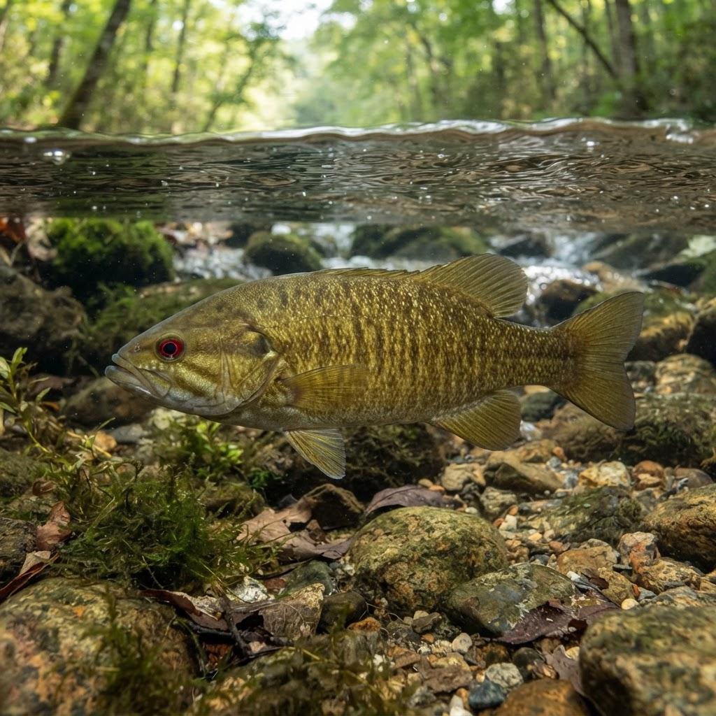A Redeye Bass swimming underwater in side profile