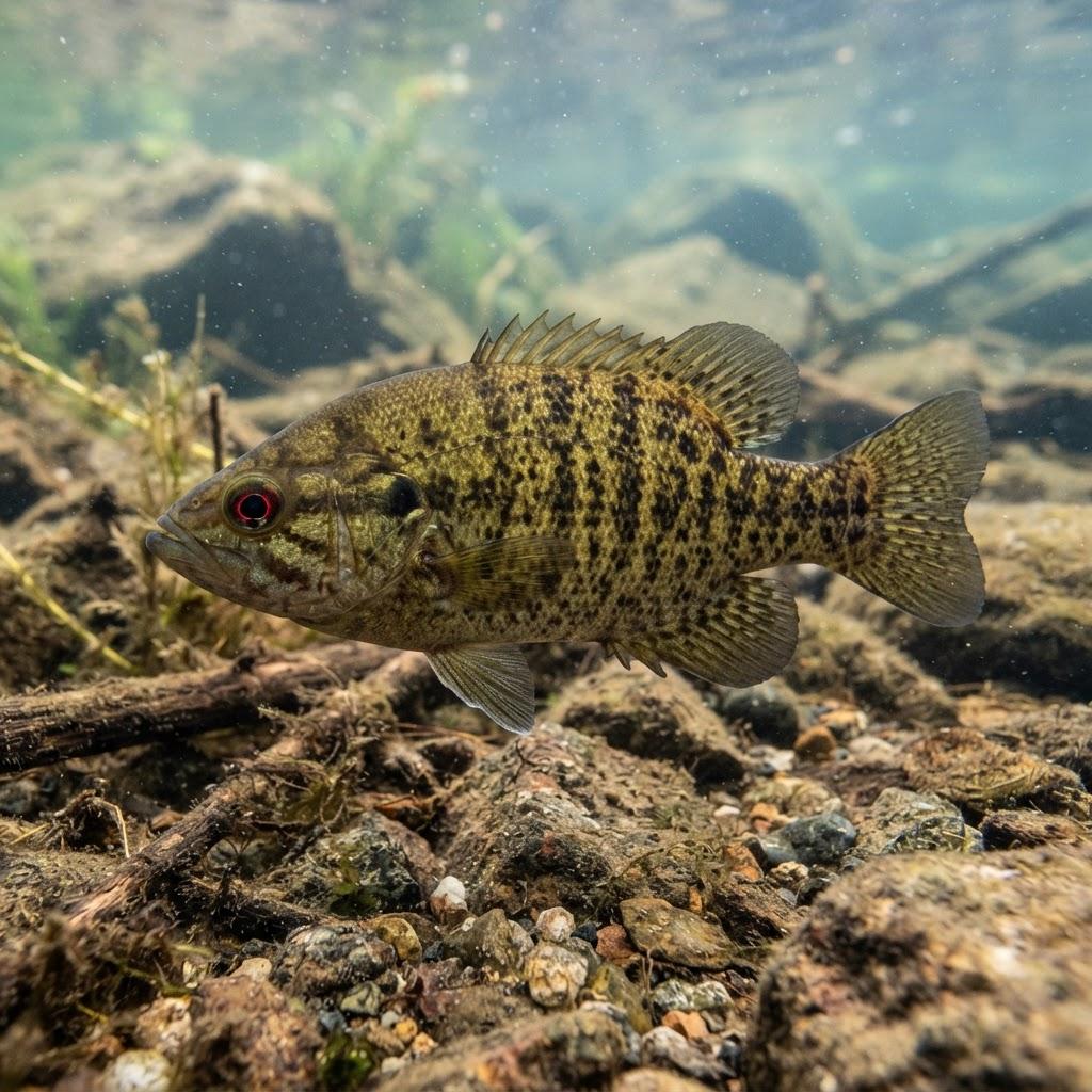 A Rock Bass swimming underwater in side profile