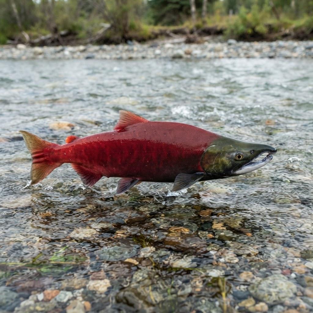 A Salmon (Sockeye) swimming underwater in side profile
