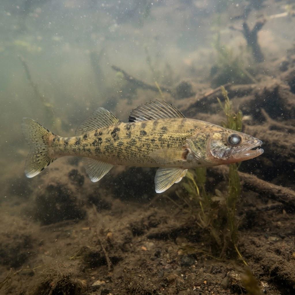 A Sauger swimming underwater in side profile