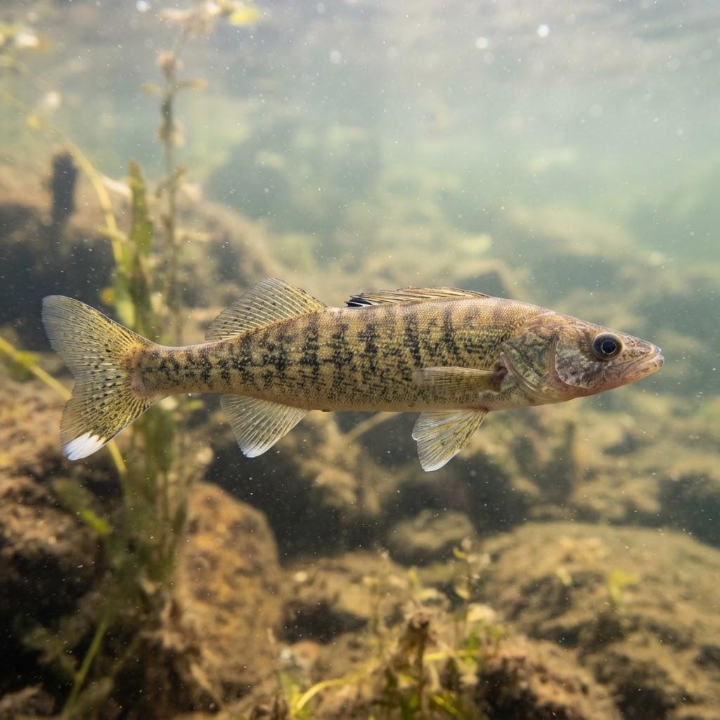 A Saugeye (Walleye-Sauger Hybrid) swimming underwater in side profile