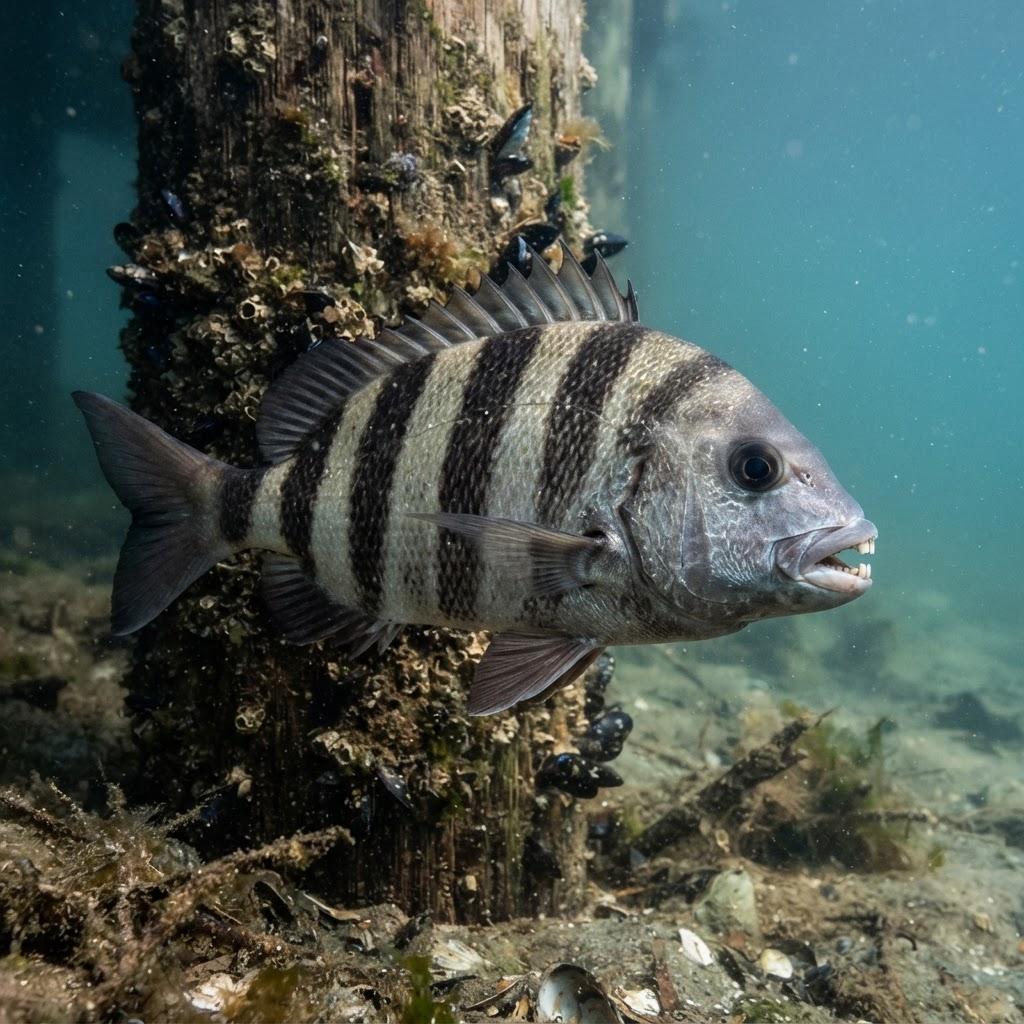 A Sheepshead swimming underwater in side profile
