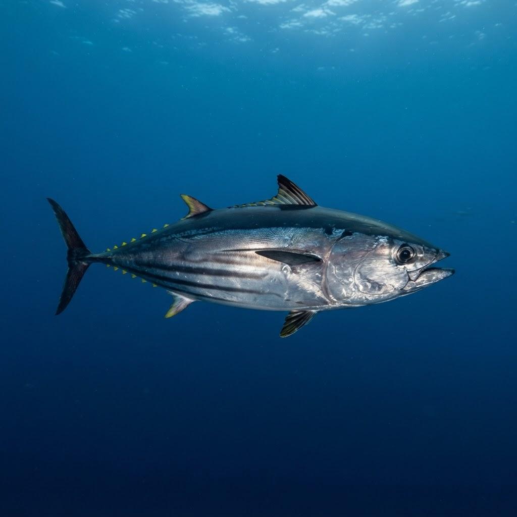 A Skipjack Tuna swimming underwater in side profile