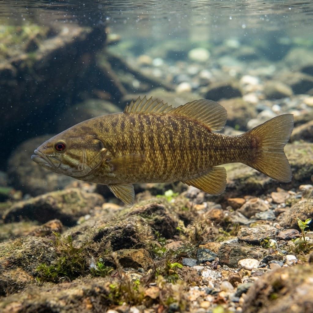 A Smallmouth Bass swimming underwater in side profile