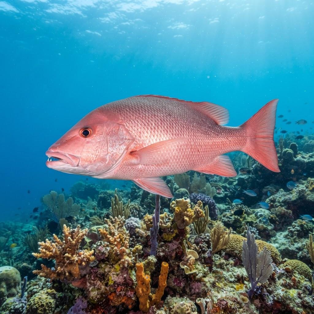 A Snapper (Red) swimming underwater in side profile