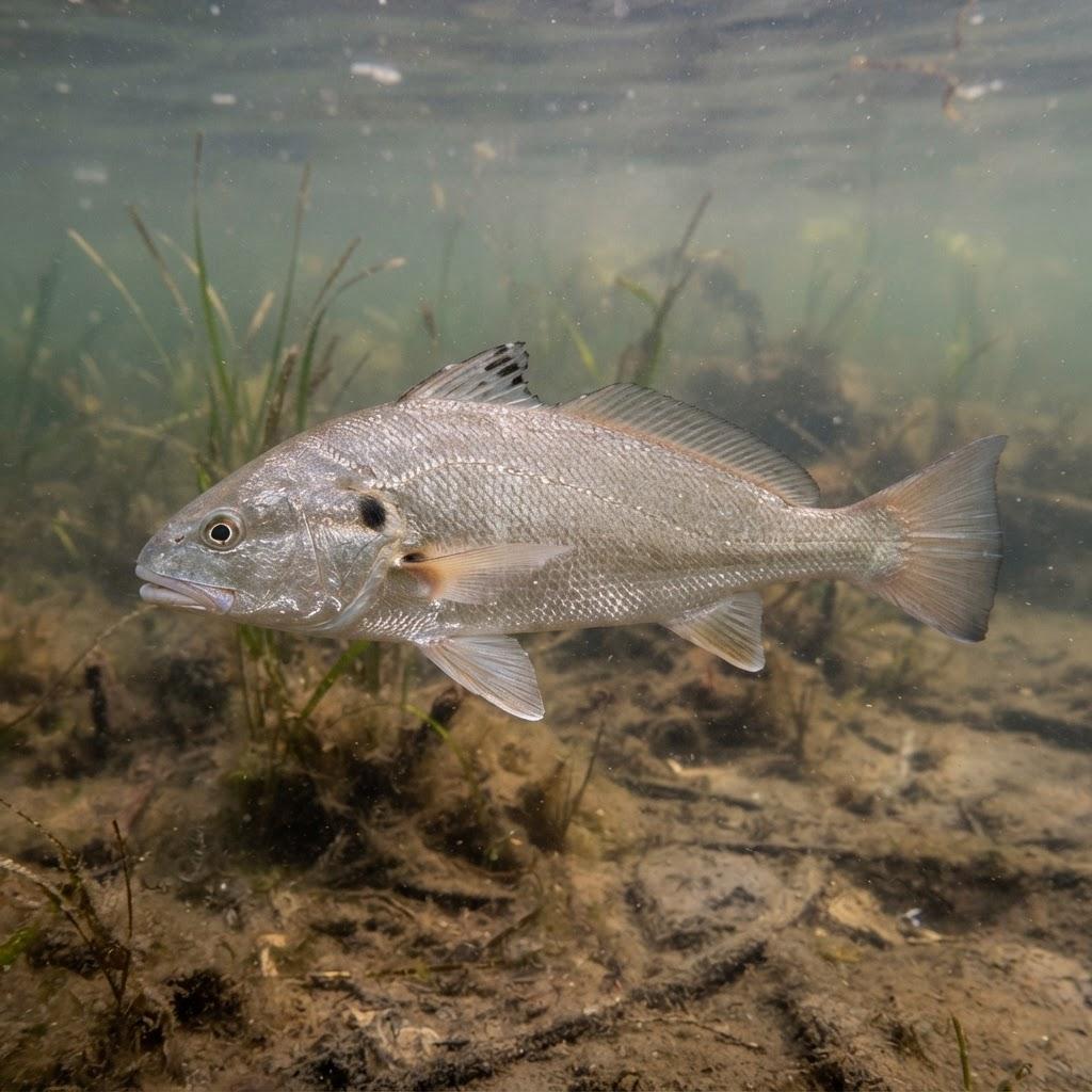 A Spot swimming underwater in side profile