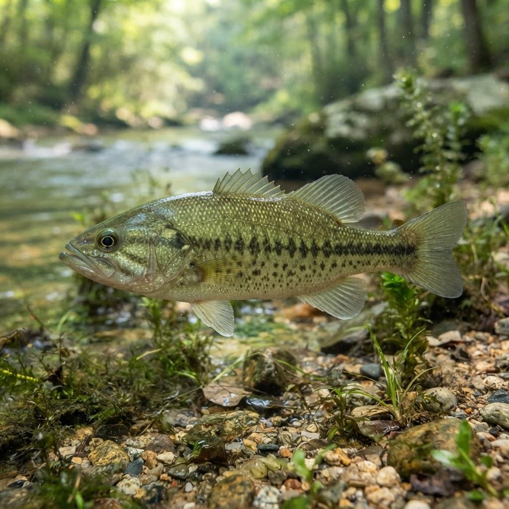 A Spotted Bass swimming underwater in side profile