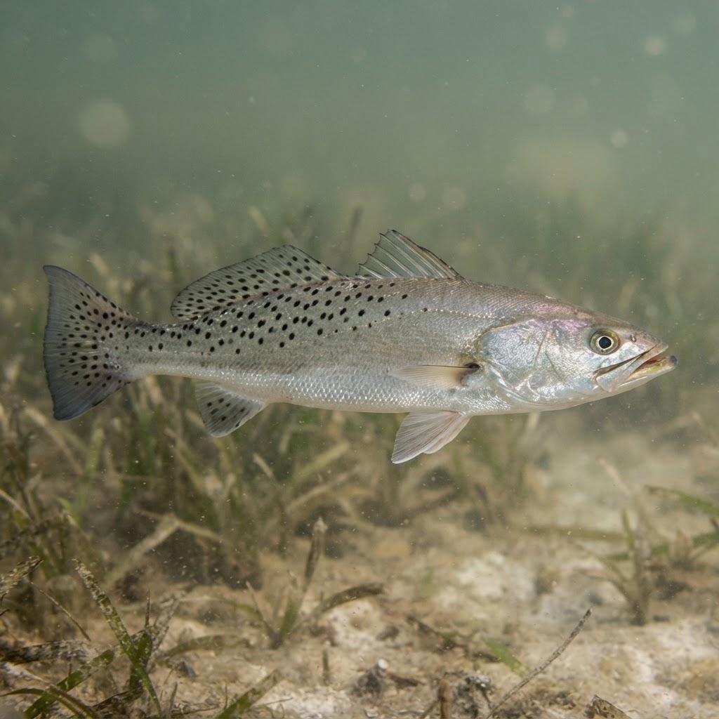 A Spotted Sea Trout swimming underwater in side profile