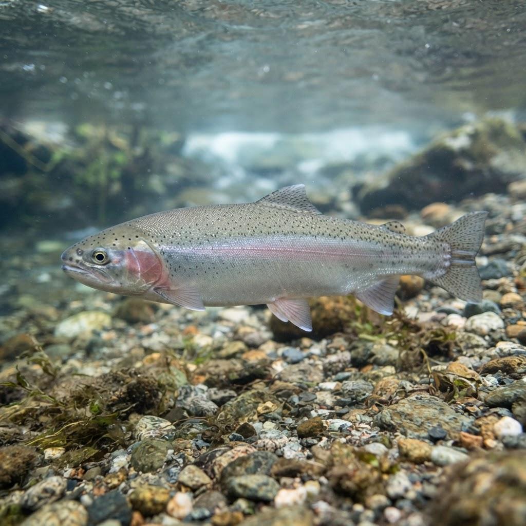 A Steelhead Trout swimming underwater in side profile