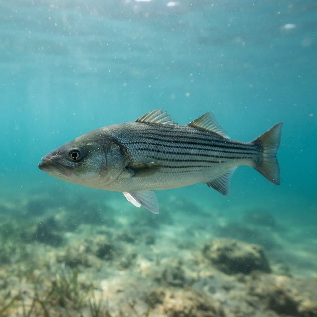 A Striped Bass swimming underwater in side profile