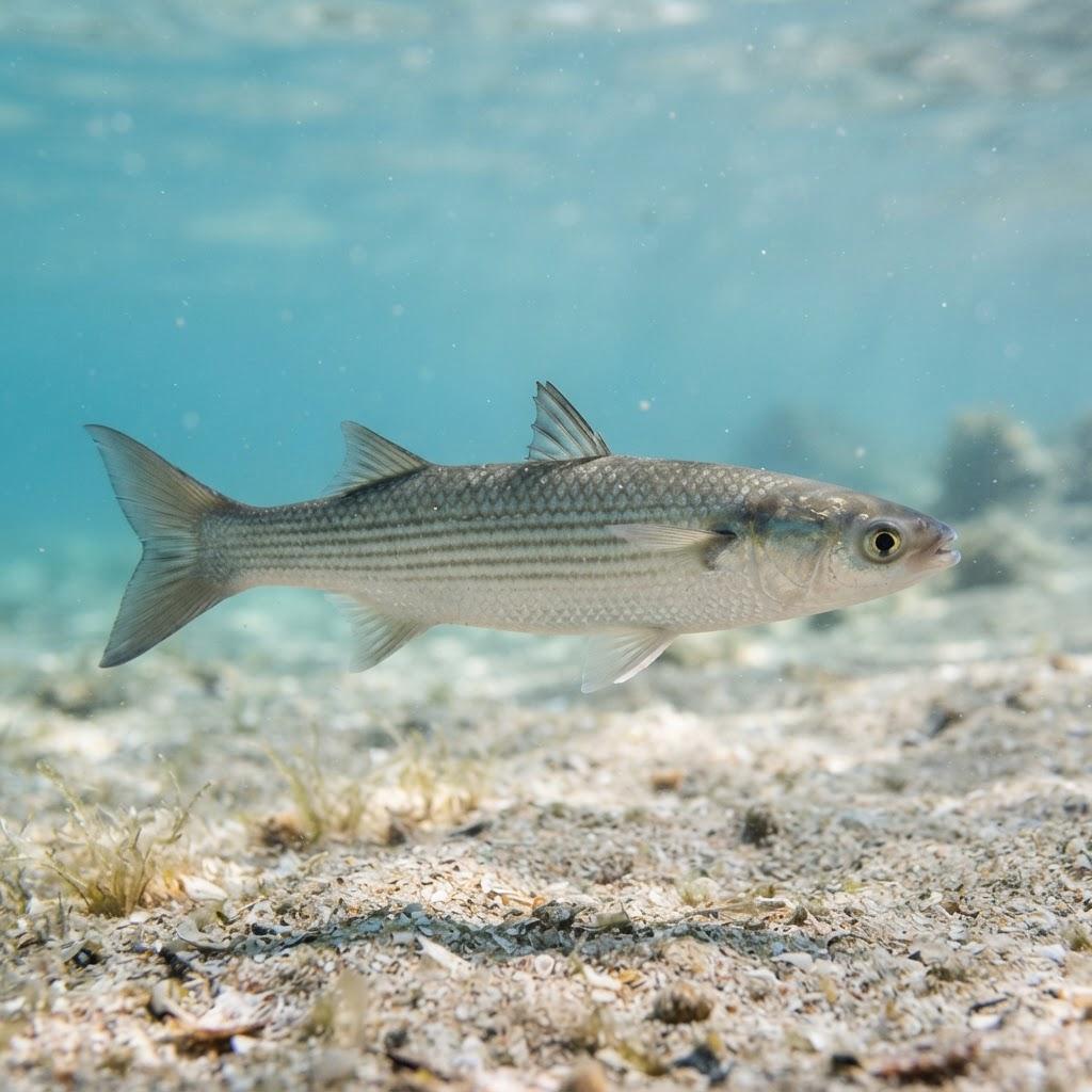 A Striped Mullet swimming underwater in side profile
