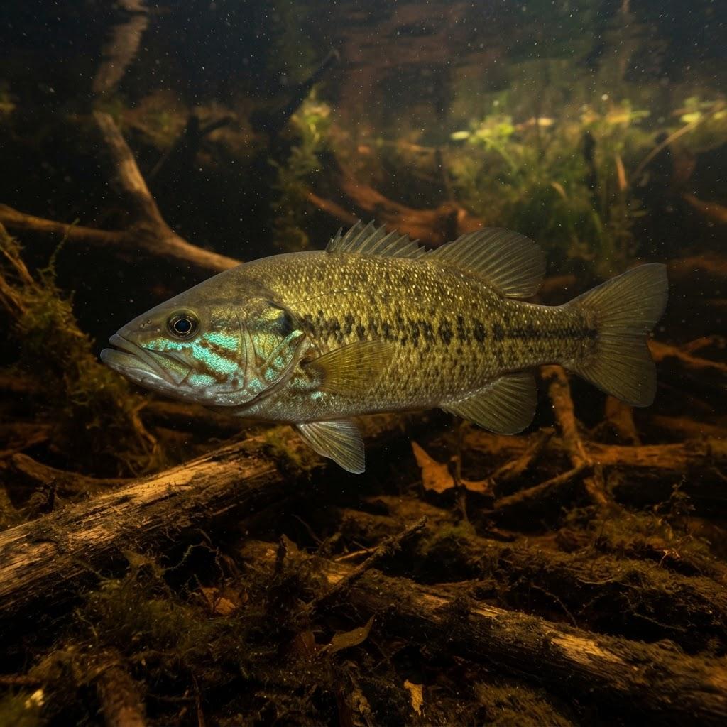 A Suwannee Bass swimming underwater in side profile