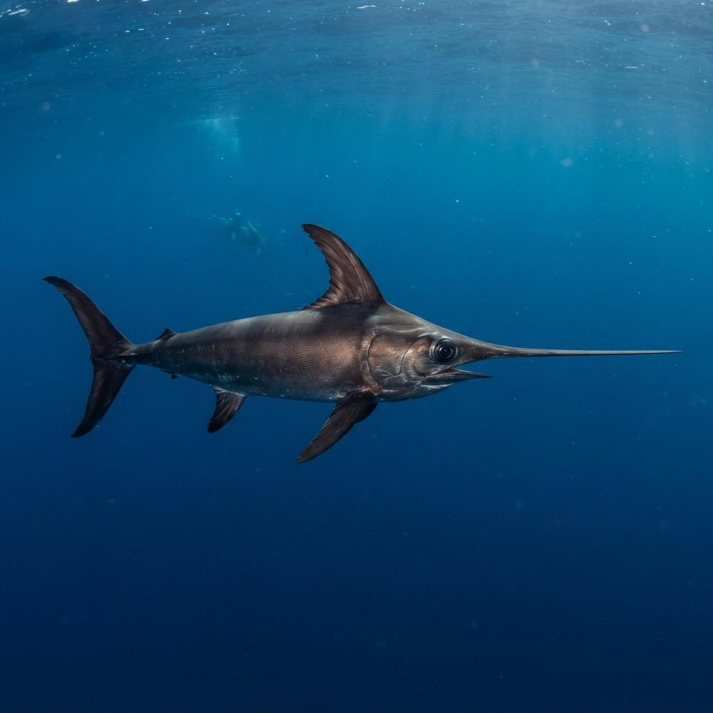 A Swordfish swimming underwater in side profile