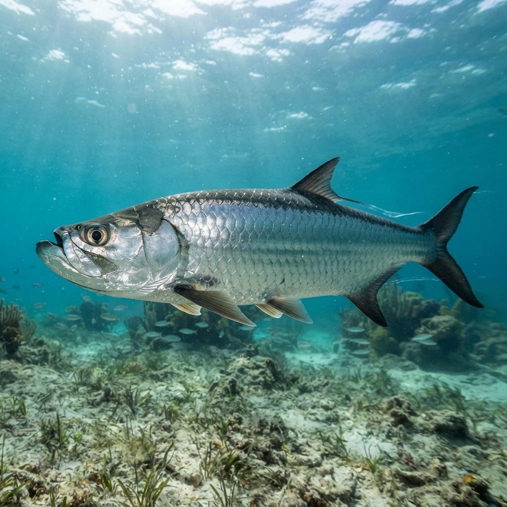 A Tarpon swimming underwater in side profile