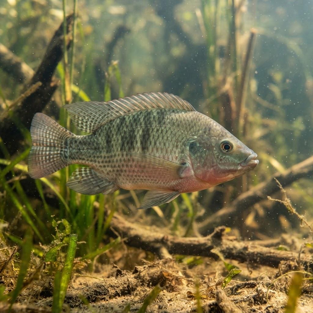 A Tilapia swimming underwater in side profile