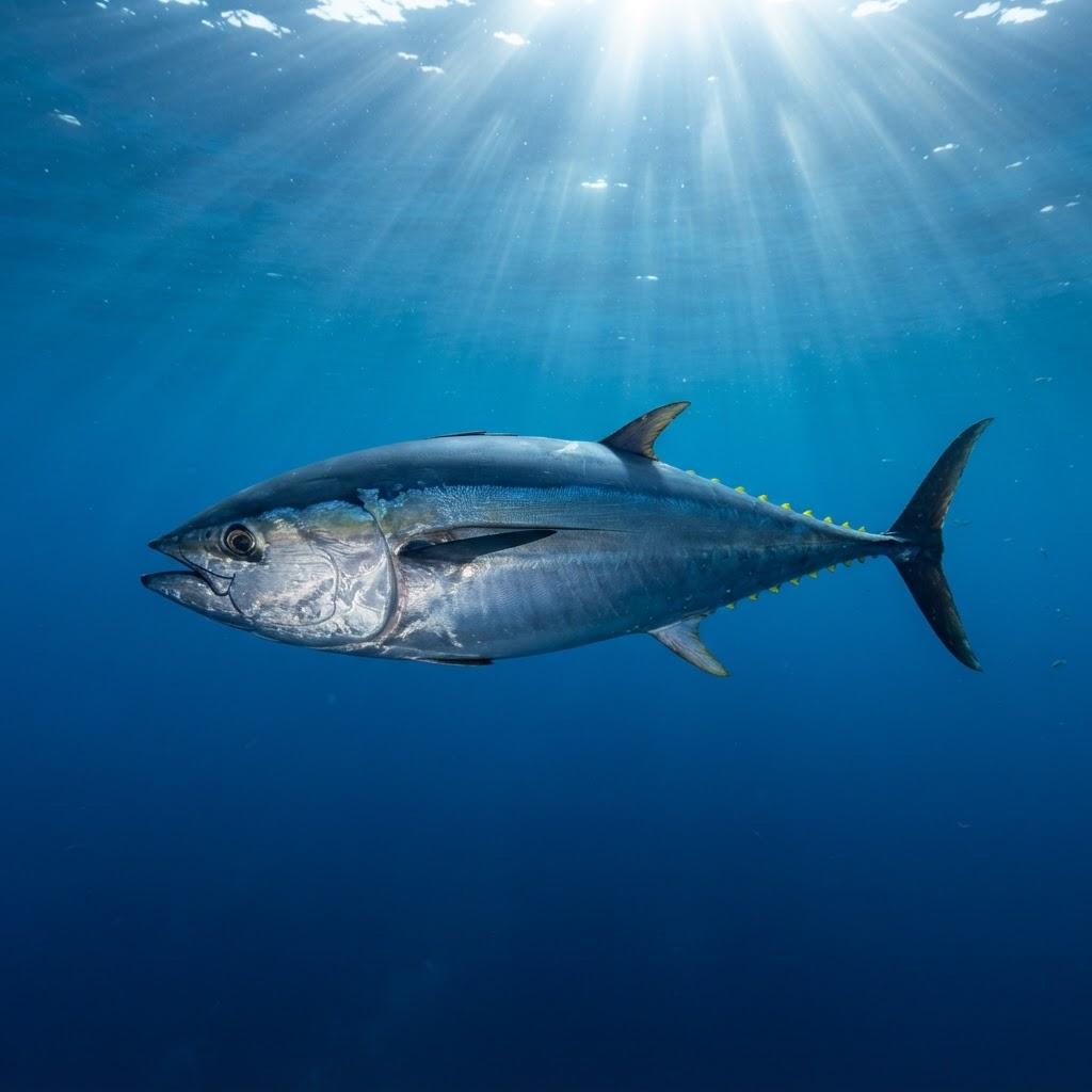 A Tuna (Atlantic Bluefin) swimming underwater in side profile