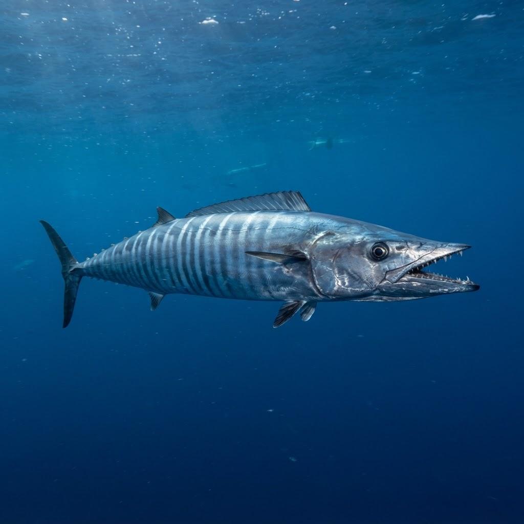 A Wahoo swimming underwater in side profile
