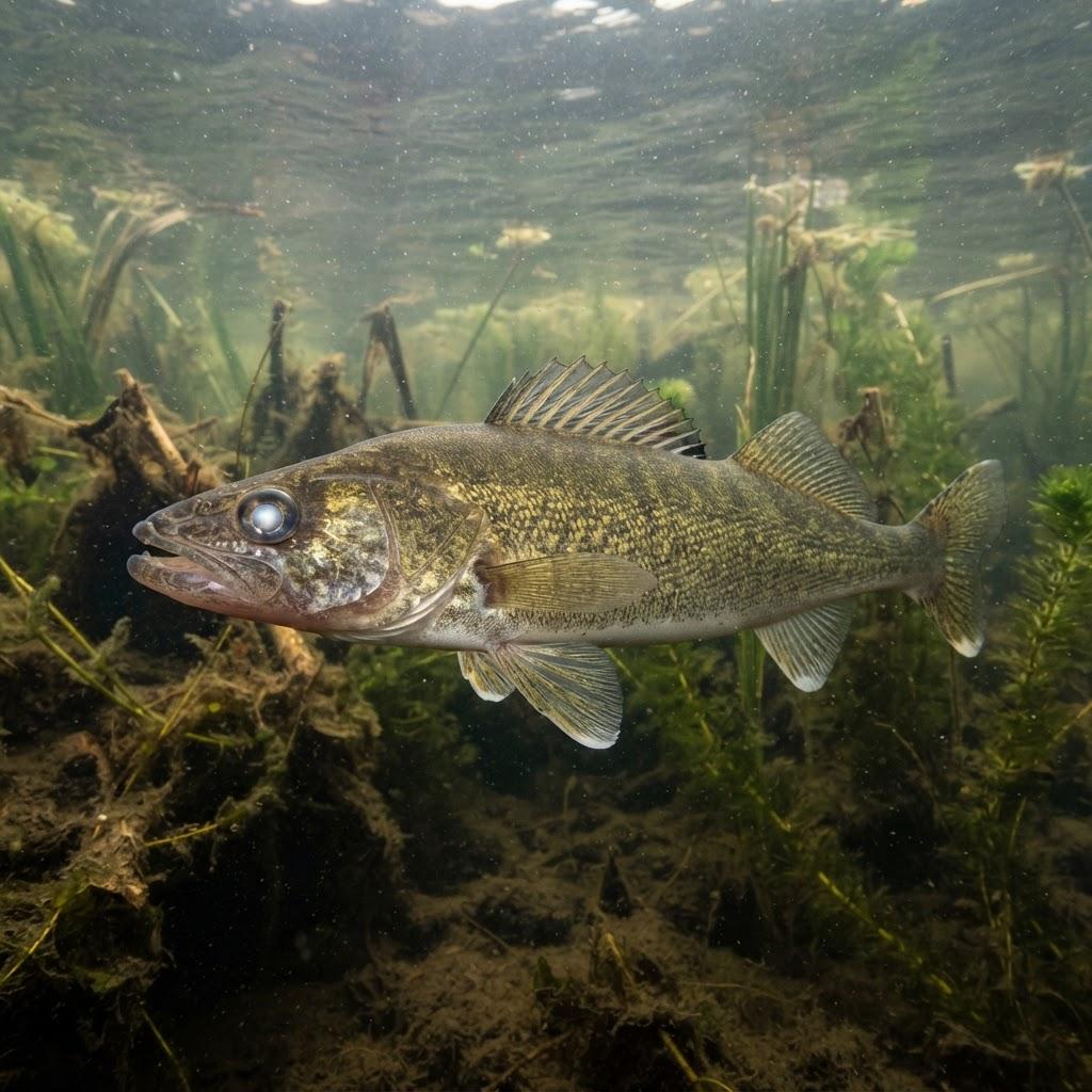 A Walleye swimming underwater in side profile