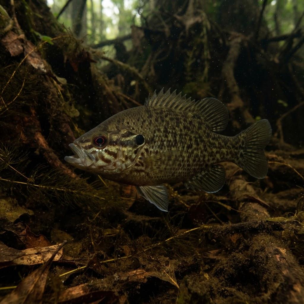 A Warmouth swimming underwater in side profile