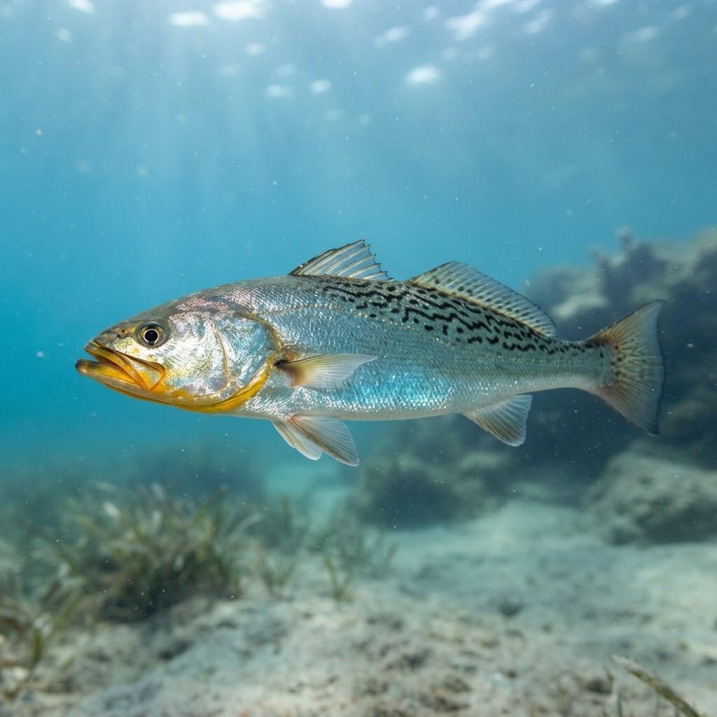 A Weakfish swimming underwater in side profile