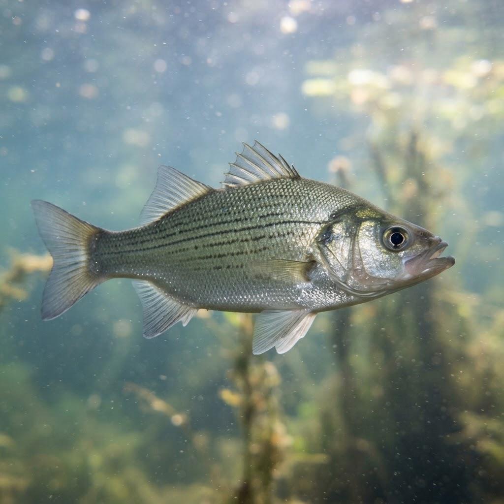 A White Bass swimming underwater in side profile