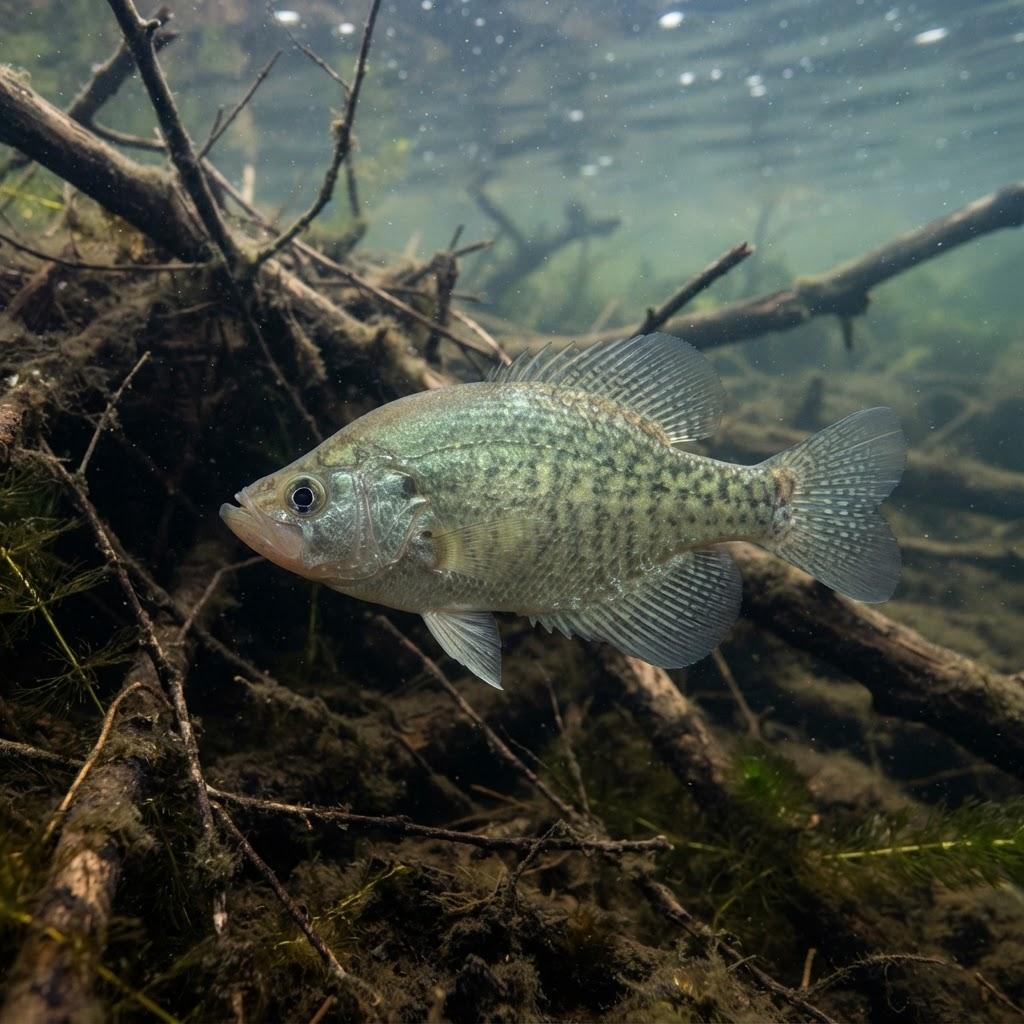 A White Crappie swimming underwater in side profile