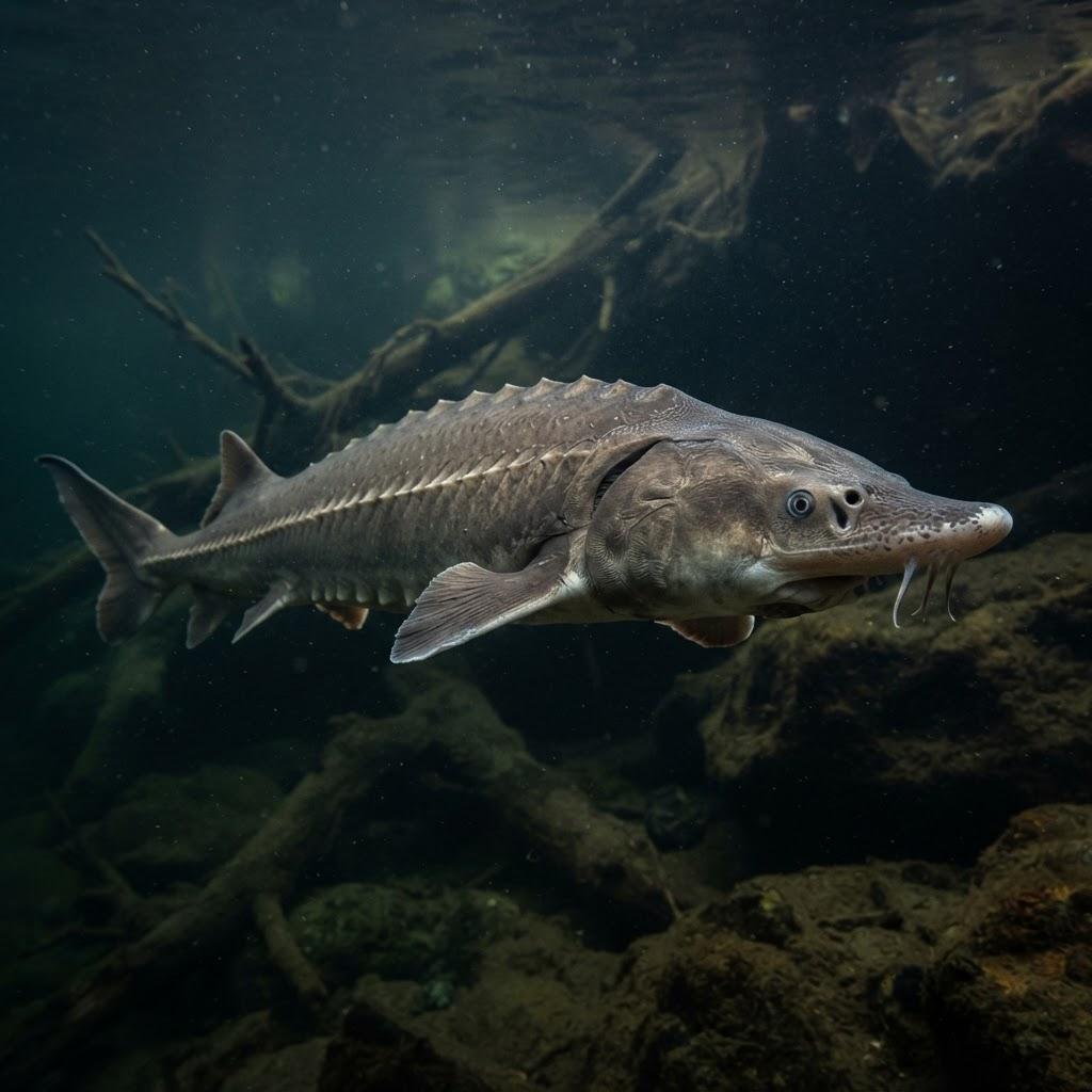 A White Sturgeon swimming underwater in side profile