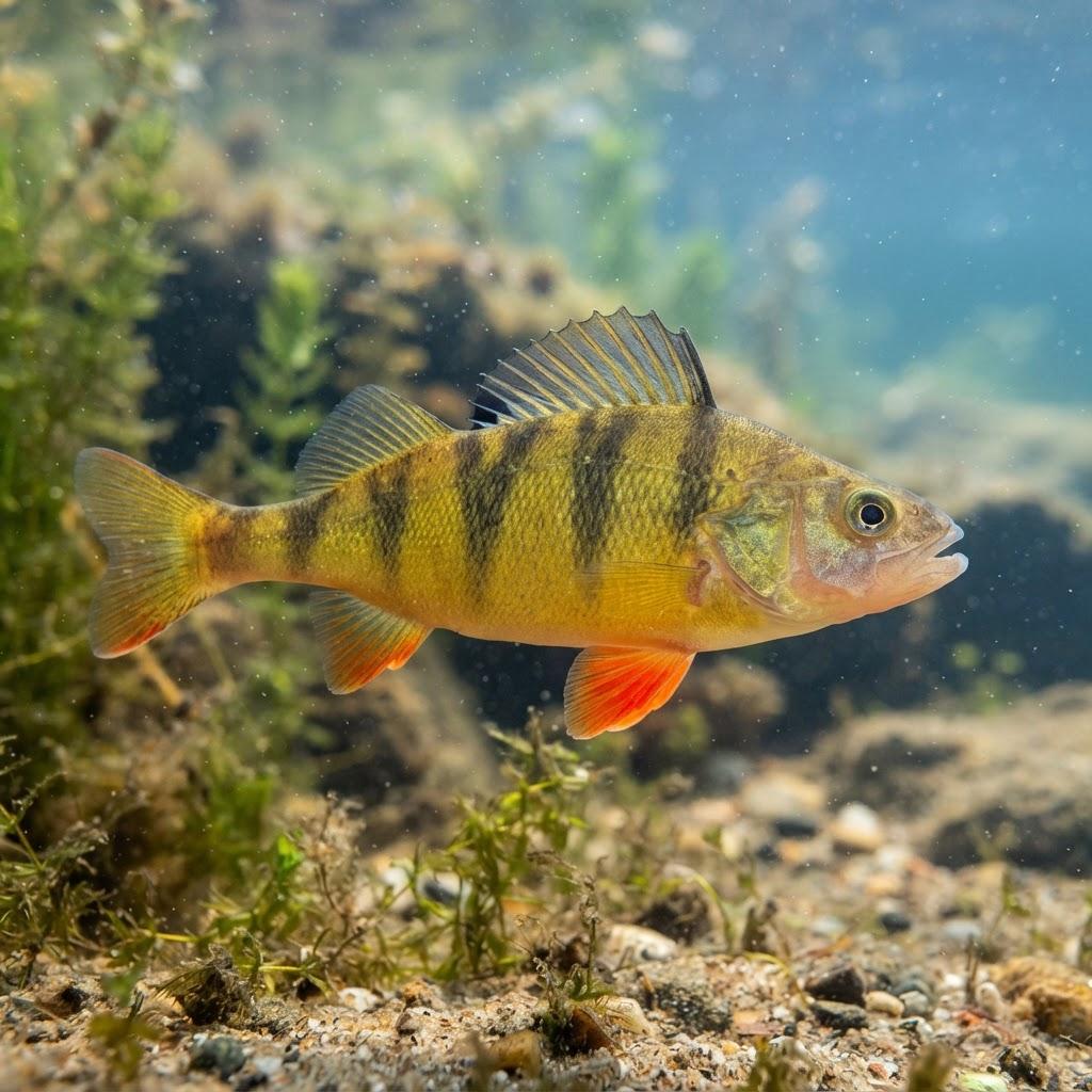 A Yellow Perch swimming underwater in side profile