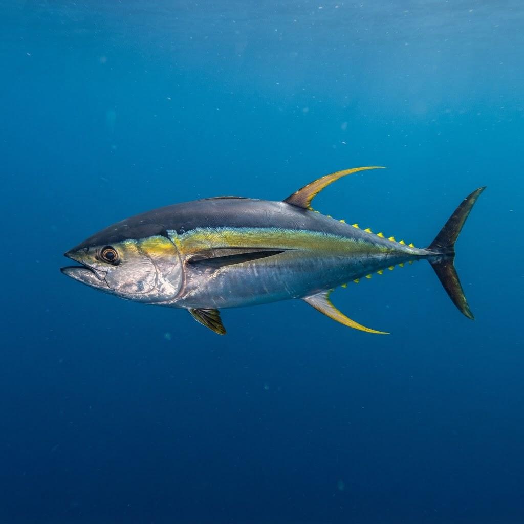 A Yellowfin Tuna swimming underwater in side profile